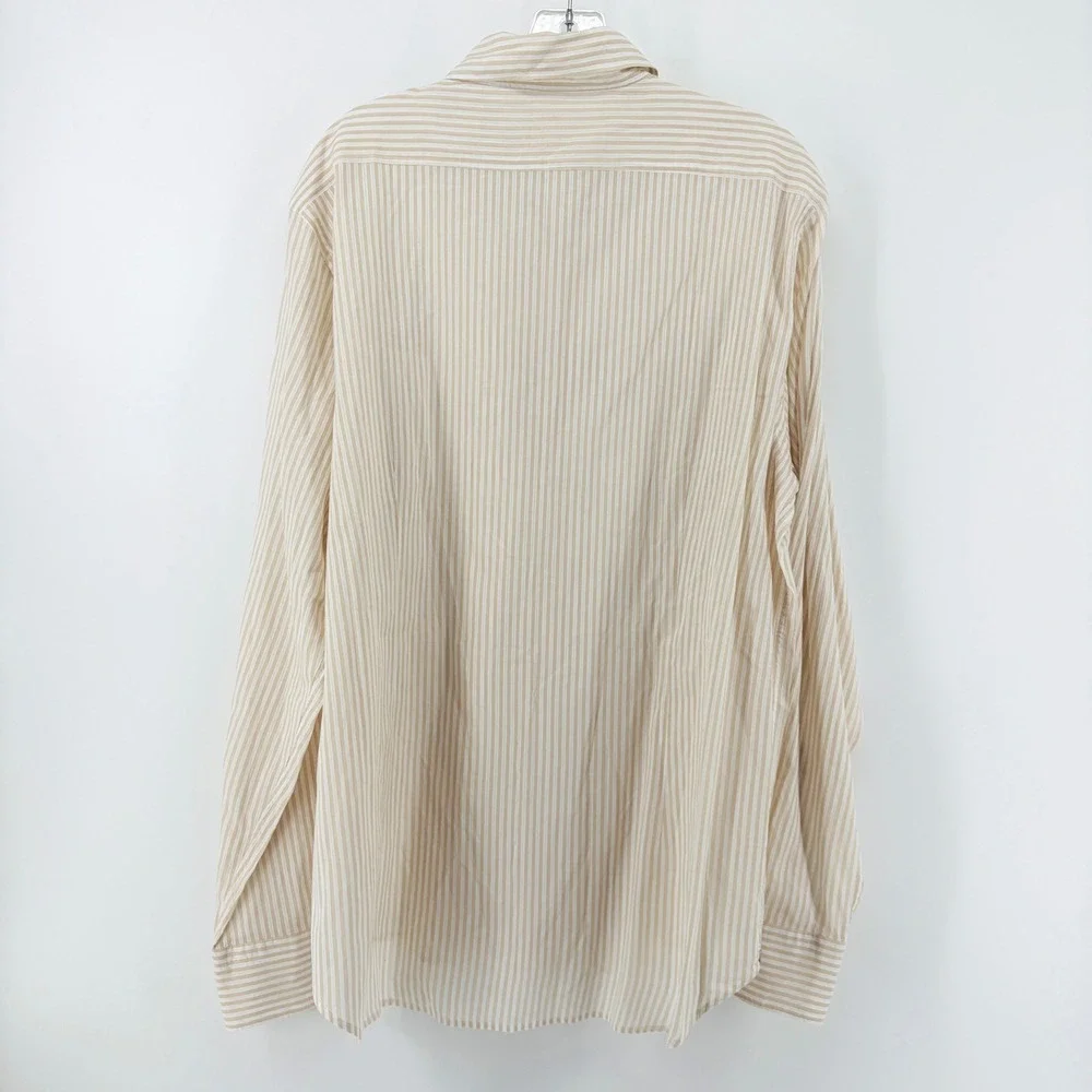 GMF 965 Mens Size 44 17.5 Striped Button Down Shirt Tan White Cotton Long Sleeve